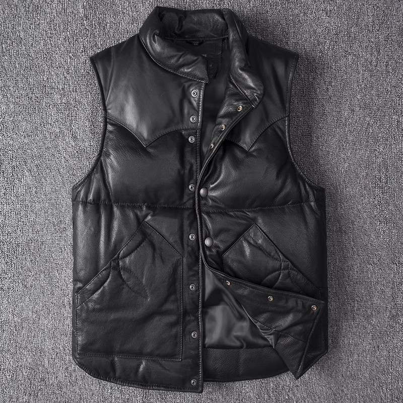 Leather Work Vest - Herren Slim Fit Lederjacke Schaffell Daunenweste